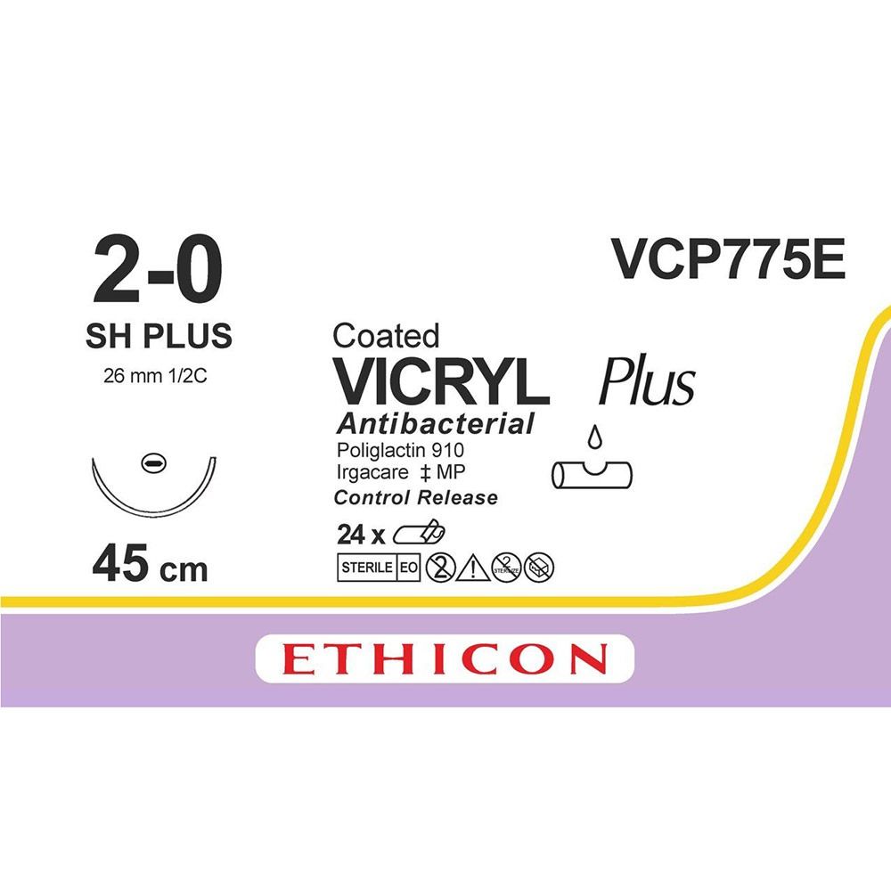 Vicryl Plus 2-0, naald SH, 26mm 1/2C, 45cn, VCP775E, 24 stuks