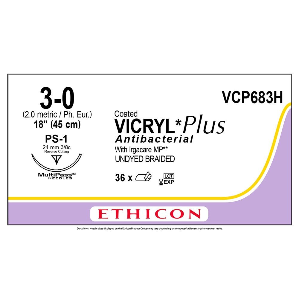 Vicryl Plus 3-0, naald PS-1 24mm, ongekleurd draad, 45cm 36st.